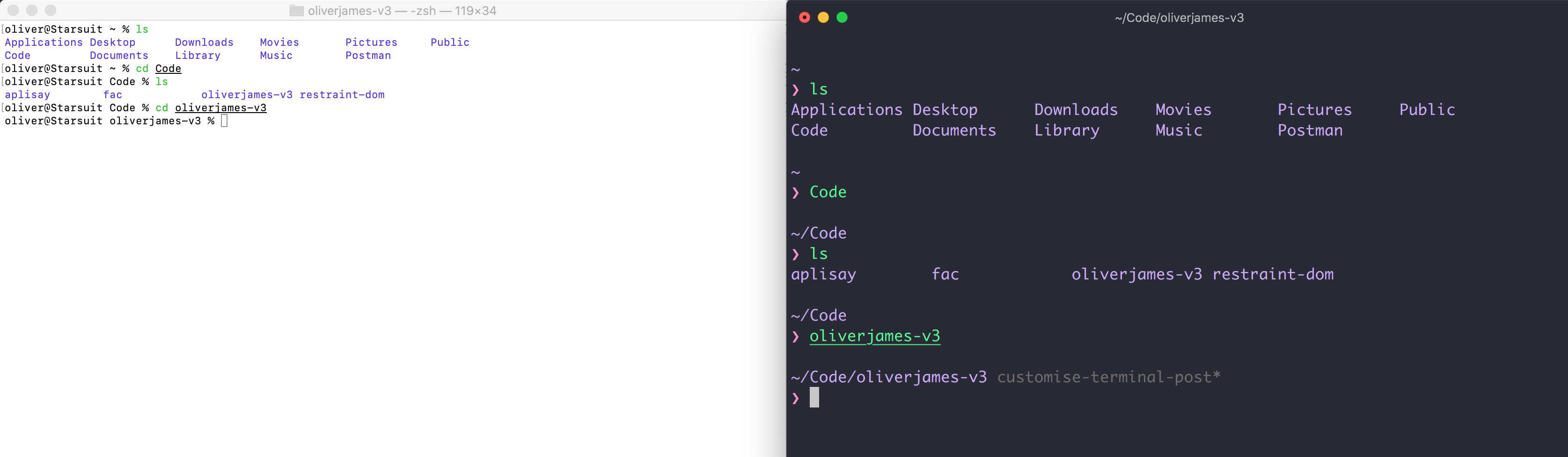 A comparison of the default terminal with my customised one. Mine has larger font, nicer colour scheme and extra useful information